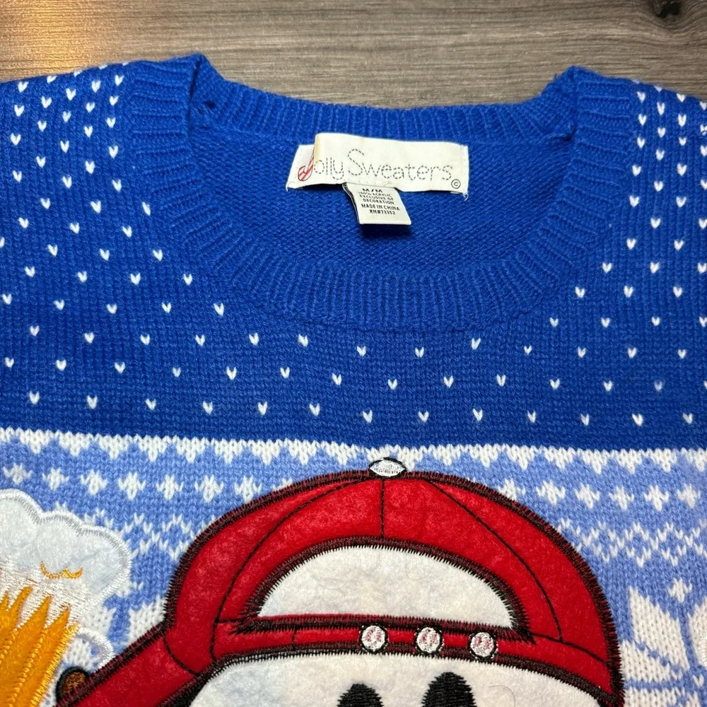 Jolly Sweaters Christmas sweater - Blue Snowman cheering with beers size Medium